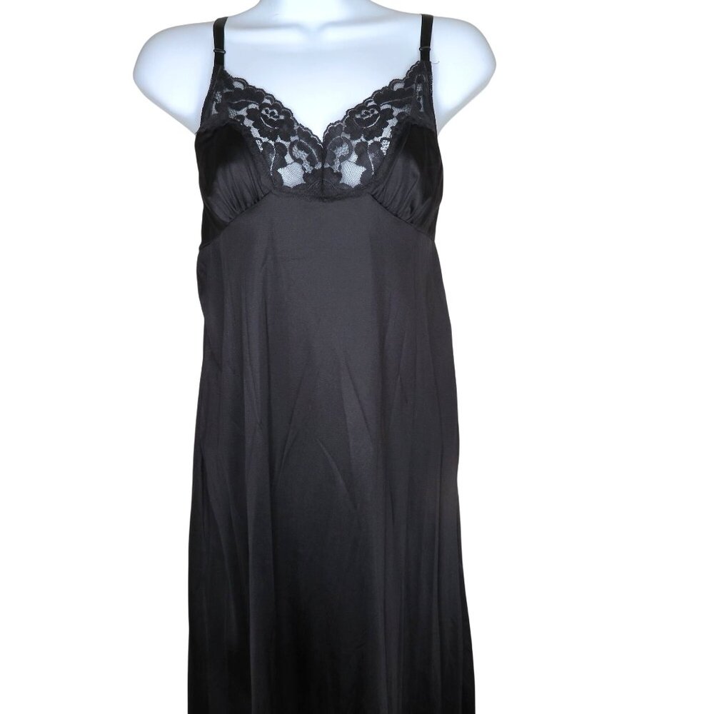 Vintage Vassarette Black Lace Trim Nylon Dress Slip Long Lingerie Slip Dress S